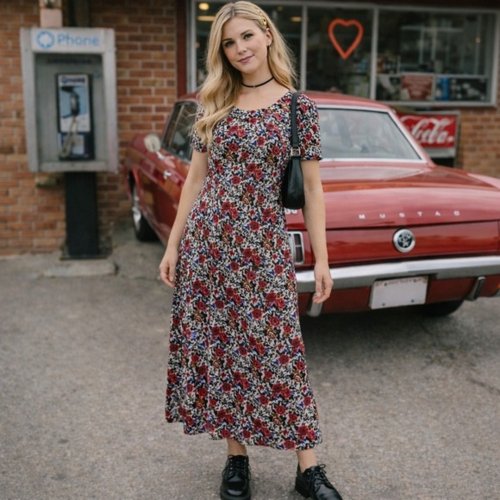 Vintage Jamie Brooke floral tie maxi dress shoulder pads cutout‎ 7